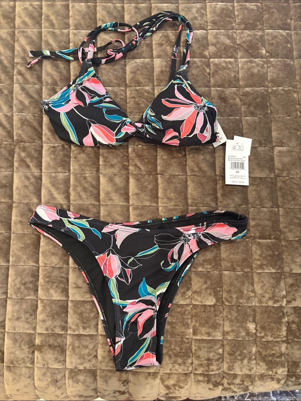 Volcom Black Floral Bikini with Pink and Teal Accents